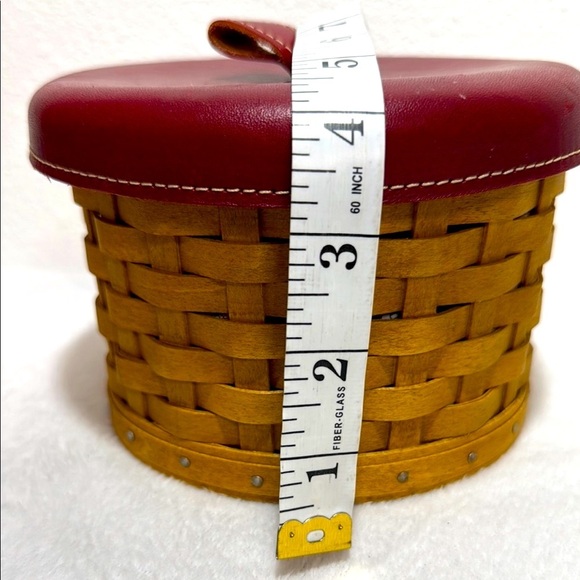 LONGABERGER Woven Sewing Basket with Red Leather Lid and Inserts - Picture 14 of 14